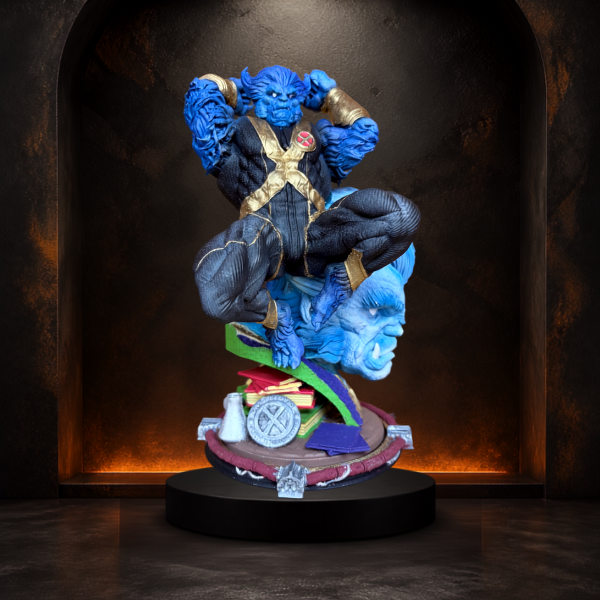Blue beast mutant statue on the Burnt Toast studio plinth