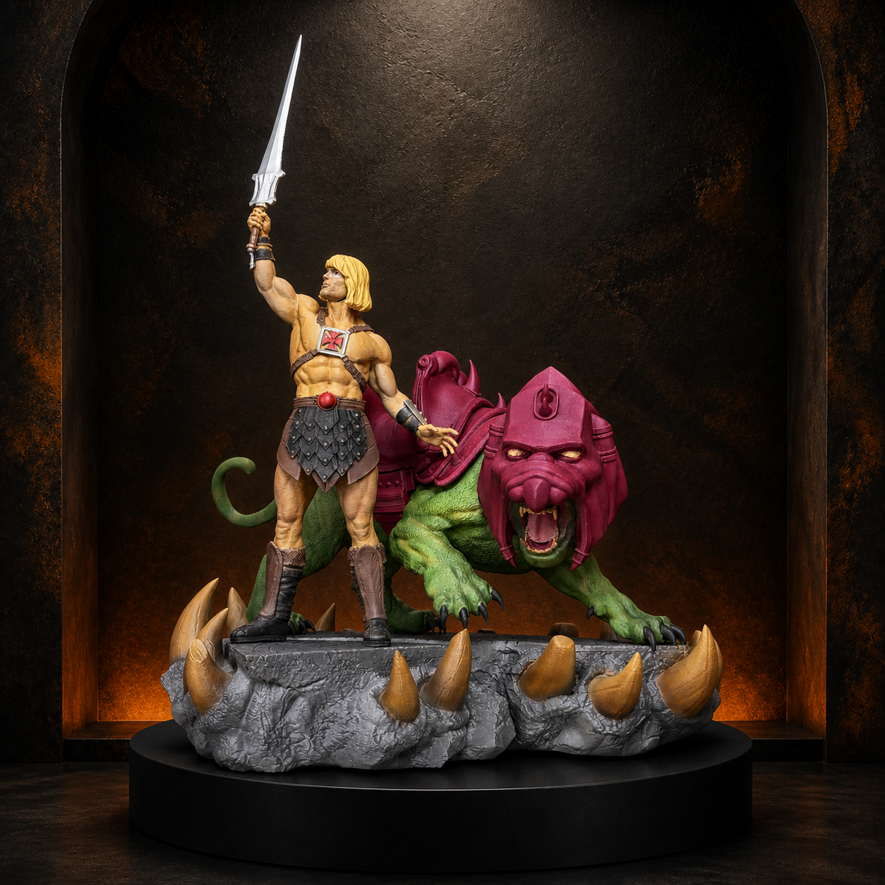 Fantasy warrior and battle cat diorama on the Burnt Toast studio plinth