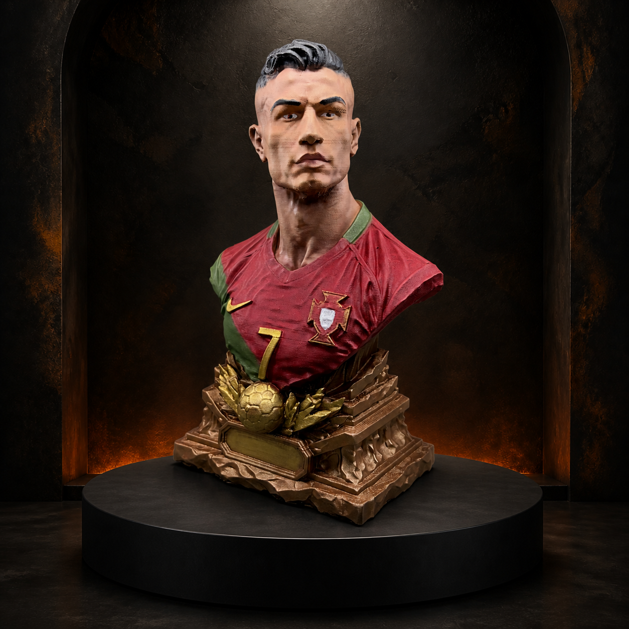 Football legend portrait bust on the Burnt Toast studio plinth