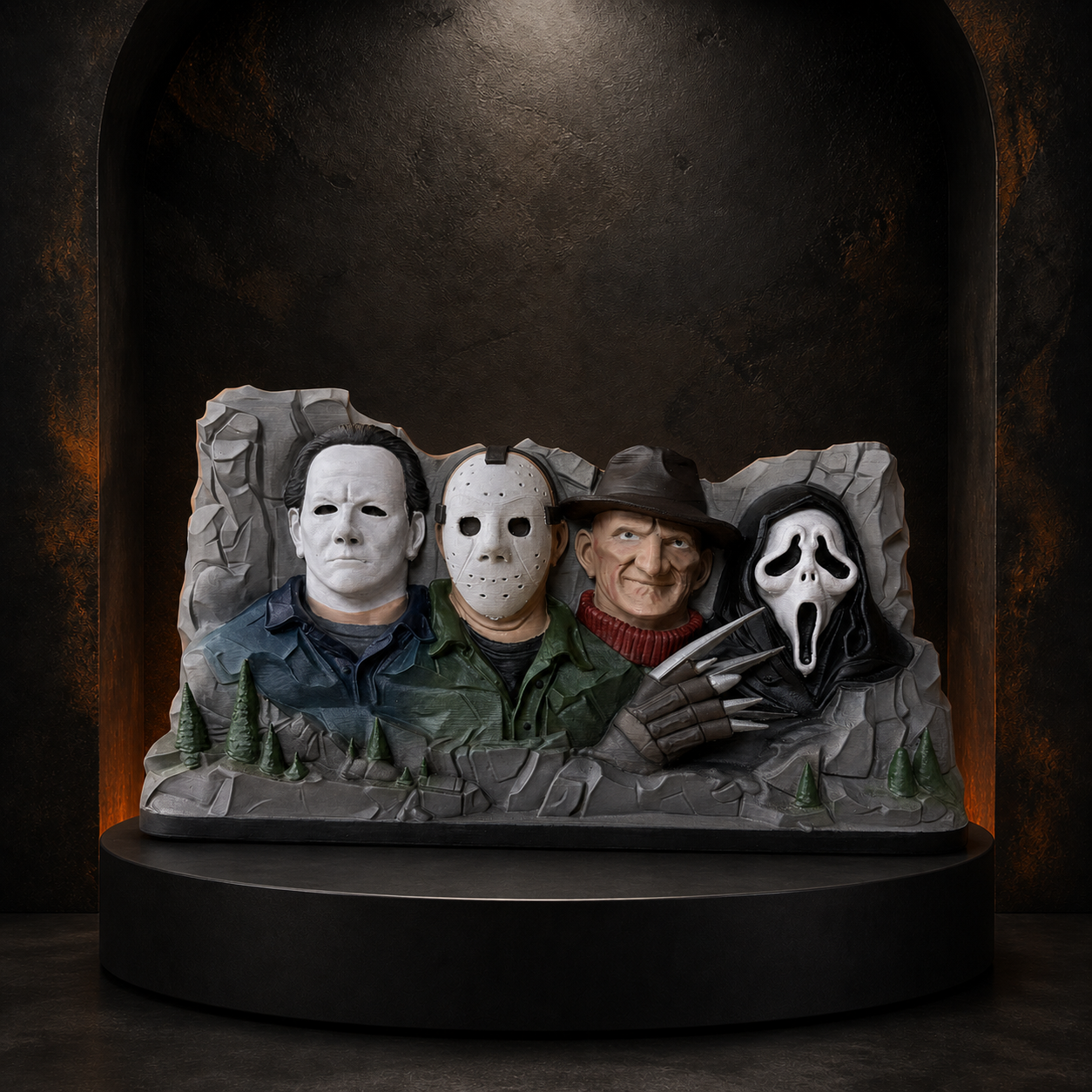 Four classic horror figures on the Burnt Toast studio plinth