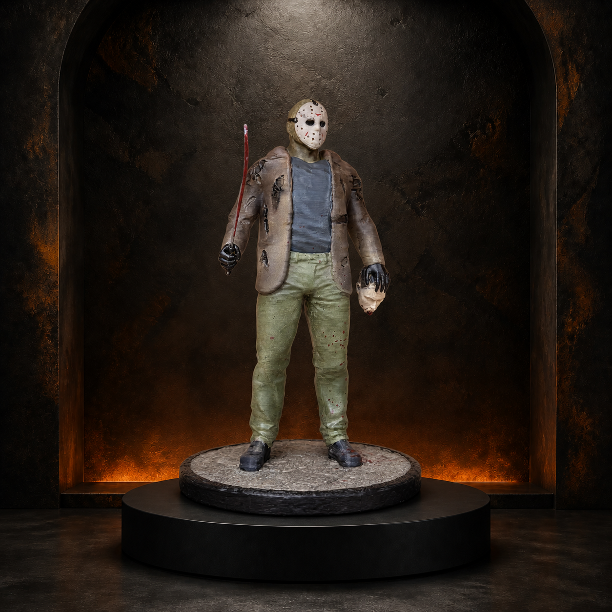 Masked horror figure on the Burnt Toast studio plinth