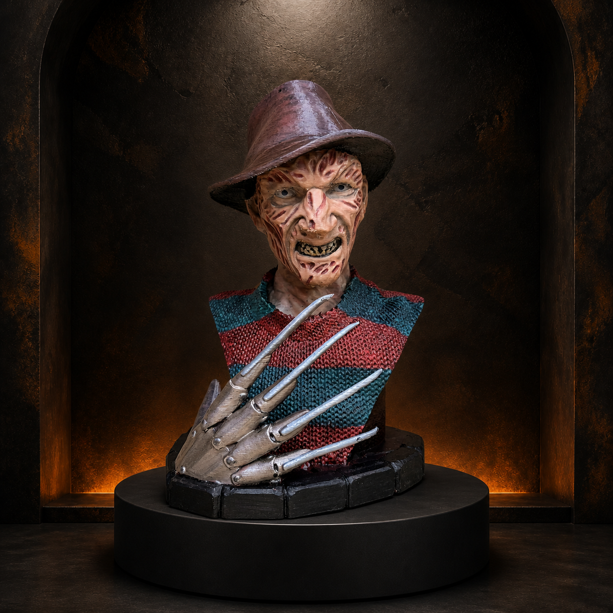 Nightmare glove horror bust on the Burnt Toast studio plinth